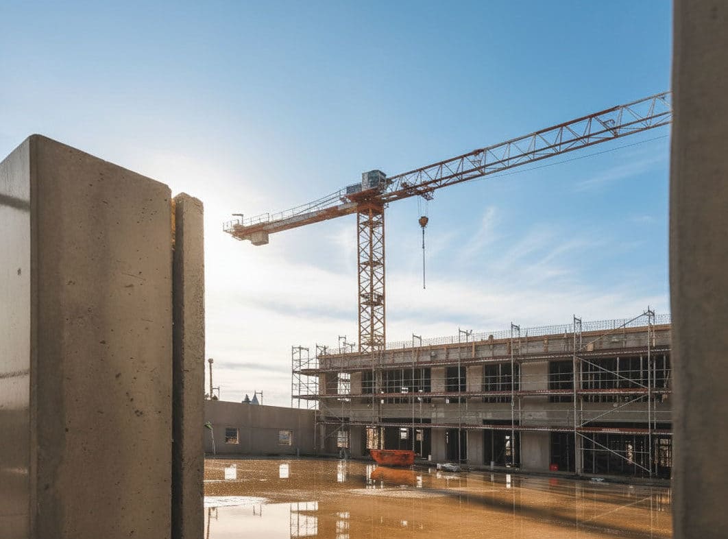 Seitenansicht des Rohbaus mit Baukran beim Neubau von ALDI und Kita in Hattersheim